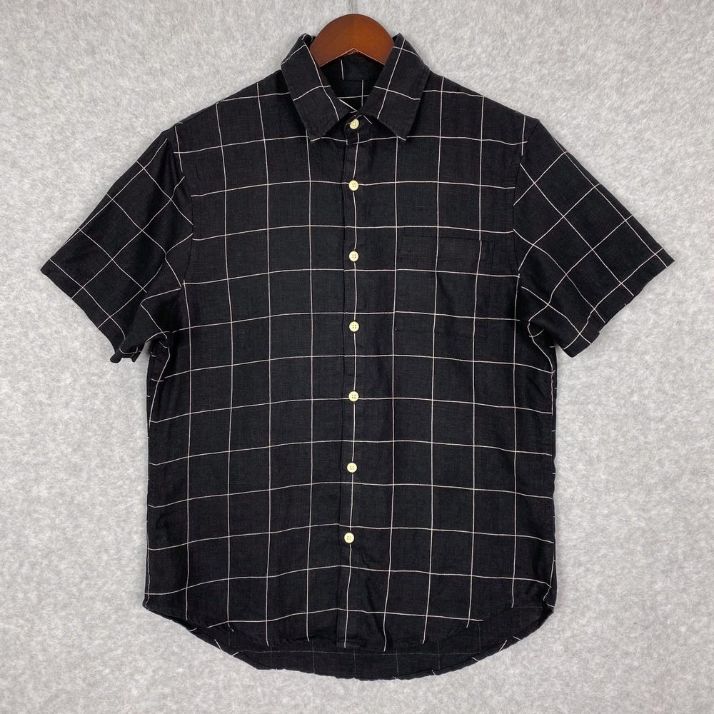Alex Crane Shirt Mens M Black Windowpane Check 100% Linen Short Sleeve Button Up